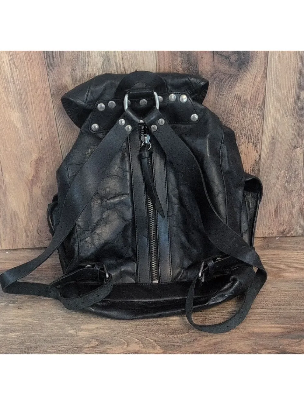 Frye Black Leather Buckled Zipper Back Vintage Rare Unisex Backpack       -C192